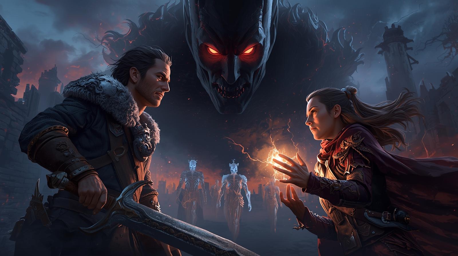 Villain overlooking his army and the heroes